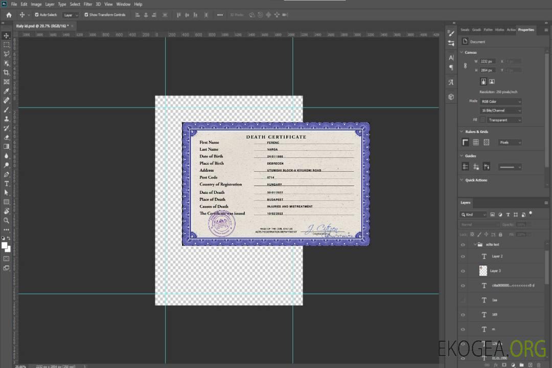 Hongrie acte d'état civil certificat de décès PSD template